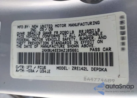 2010 Toyota Corolla Le z USA, uszkodzony, nr VIN 1NXBU4EE3AZ185661